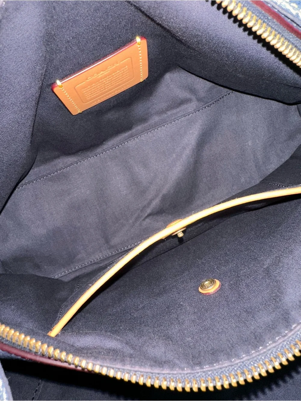 Coach Hadley Denim Hobo Large Shoulder Bag Blue Denim Leather Trim